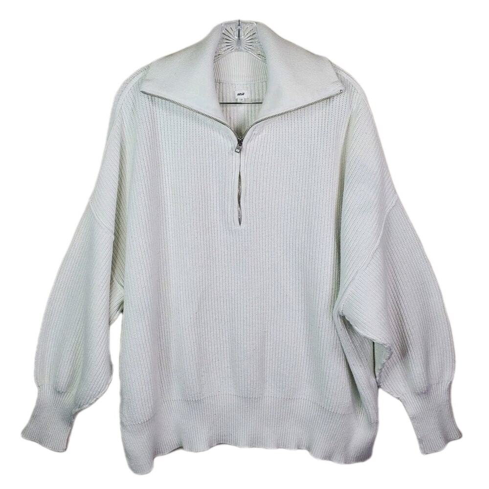 Aerie Cozy Up Waffle Knit Quarter Zip Pullover Sweater White Sz Large Oversized